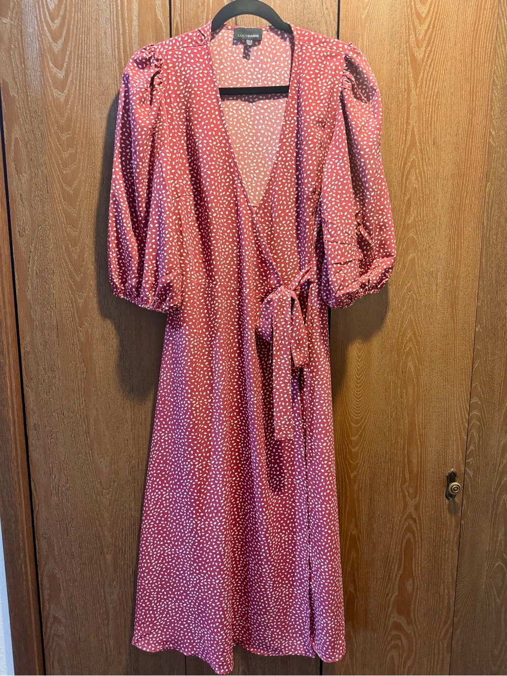 Lucy Paris Red Wrap Midi with Puff Sleeves